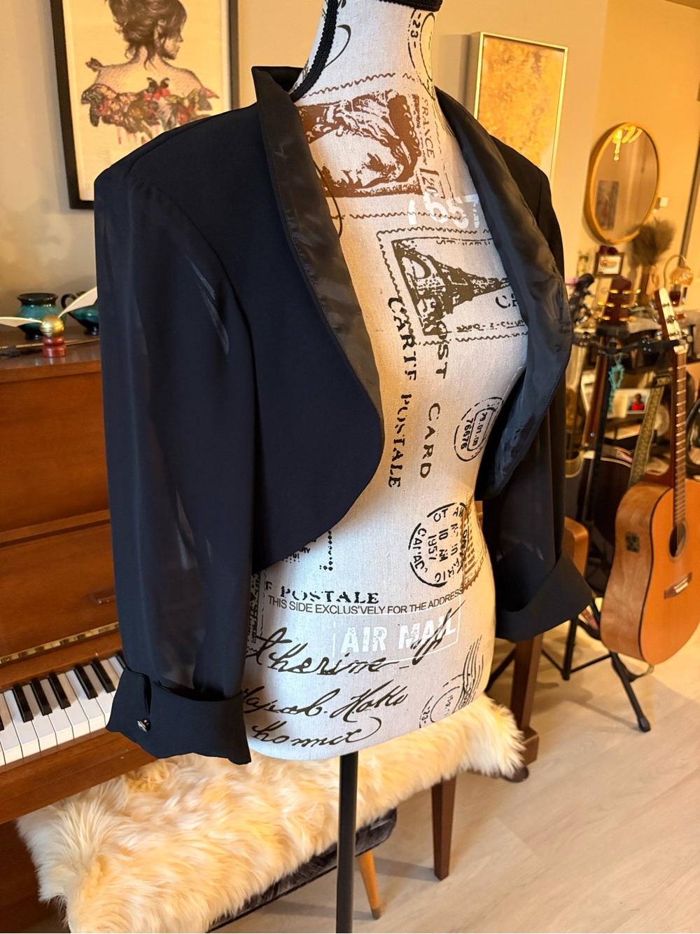 S.L. Fashions Black Satin-Trim Cropped Black Sheer Sleeve Bolero Jacket